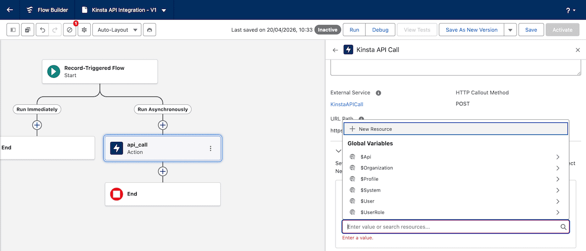 The Salesforce Flow Builder showing an existing flow and a connection to the Kinsta API being built.