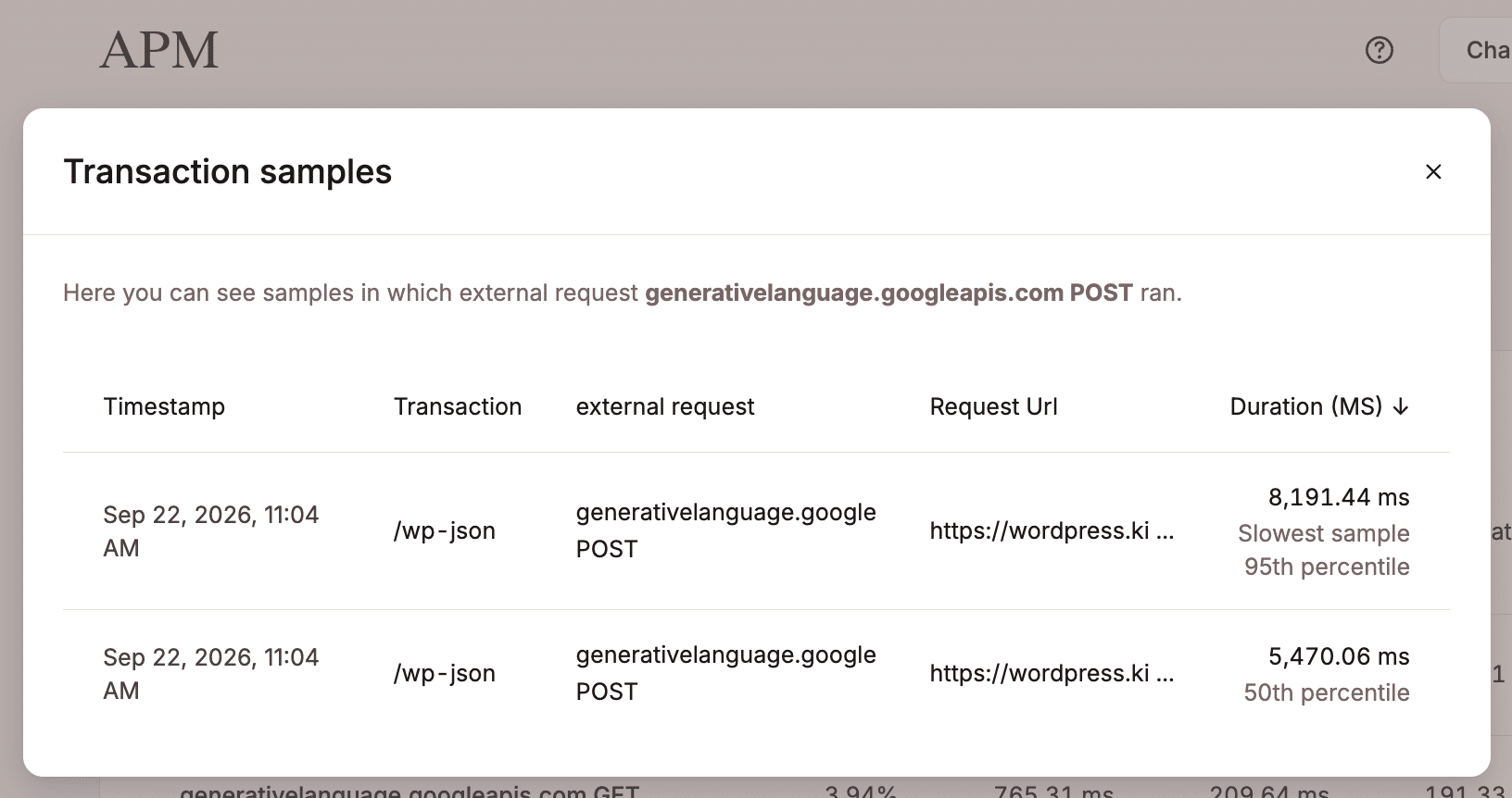 Transaction samples in Kinsta APM.