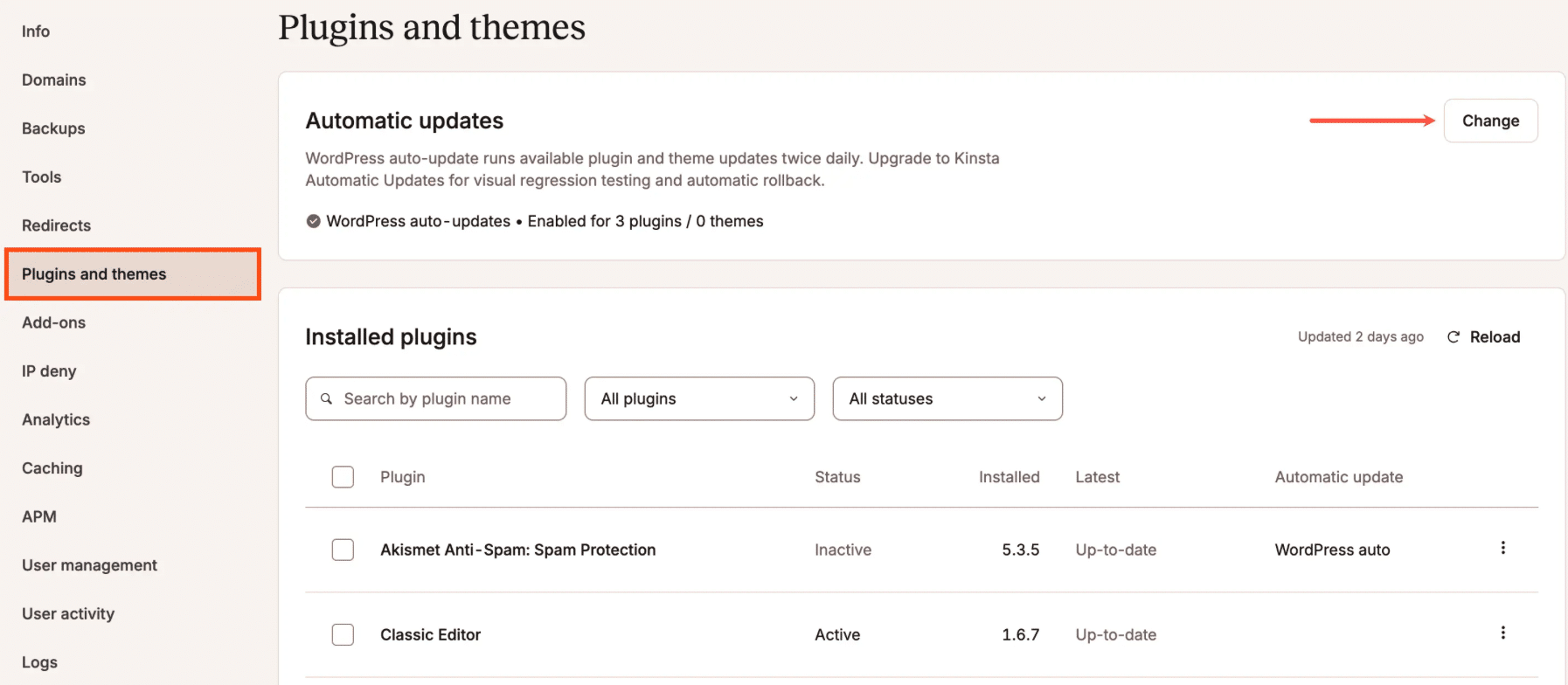 Kinsta automatic updates