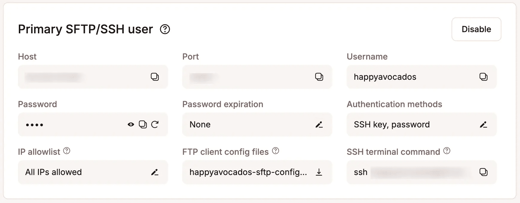 Dettagli di accesso SSH/SFTP nella dashboard di MyKinsta