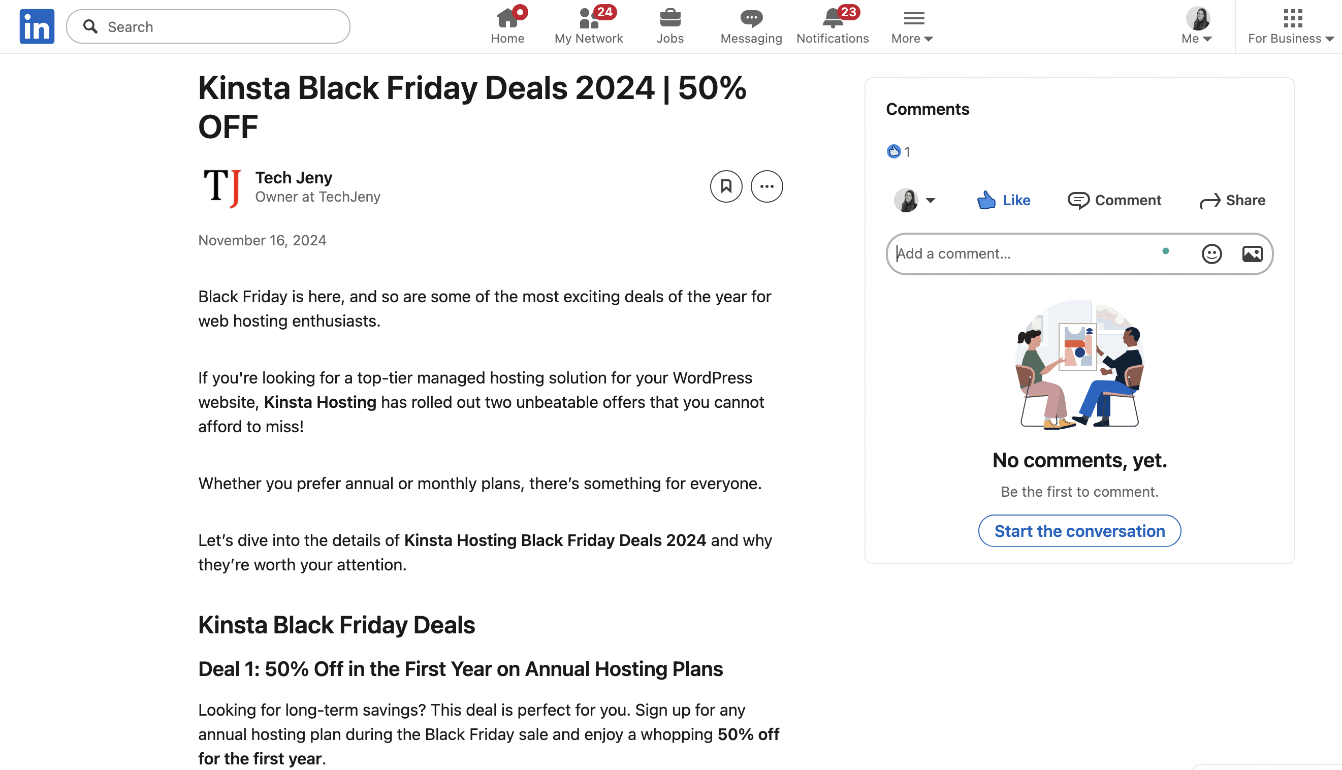 Tech Jeny’s Black Friday LinkedIn article about Kinsta
