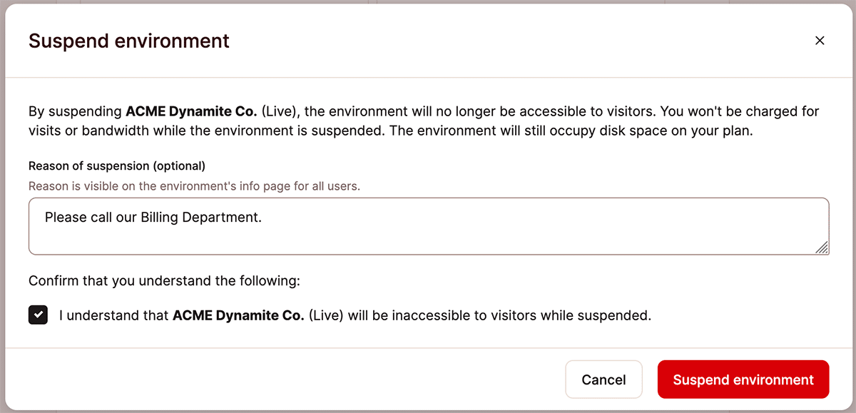 A screenshot of the environment suspension confirmation dialog in MyKinsta.