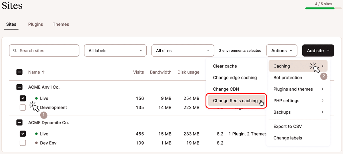 A screenshot of the Sites page in MyKinsta with the Actions menu highlighting caching options.