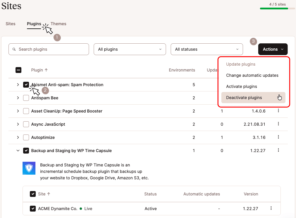 A screenshot of the Bulk Actions interface in MyKinsta with Disable Plugins highlighted.