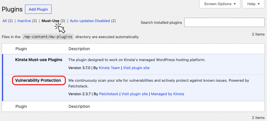 A screenshot of the must-use plugins list within WordPress Admin of a Kinsta-hosted site.